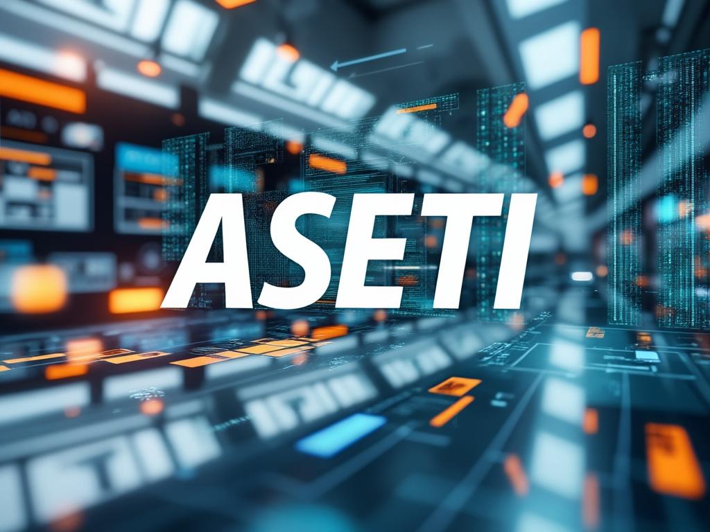 Imagen futurista con la palabra 'ASETI' sobre un fondo digital de pantallas y circuitos.

